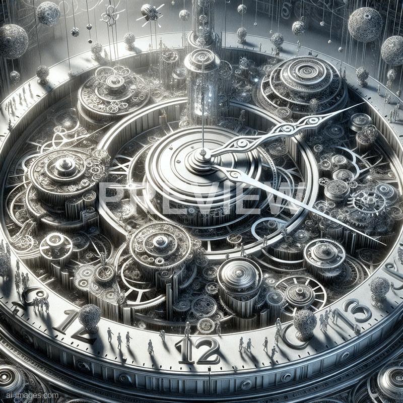 The image depicts an intricate, highly detailed mechanical clock with visible gears, cogs, and springs, all rendered in a metallic silver tone. The clock face features traditional Roman numerals, and the entire mechanism appears to be inside a transparent casing, allowing viewers to see the complex inner workings. Tiny human figures are positioned around the outer edge, giving a sense of scale, while the scene is illuminated with a soft, reflective light that emphasizes the precision and artistry of the machinery.